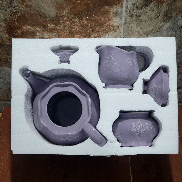 Temptations Lavendar Lilac Tea Set Teapot Sugar Bowl Creamer Embossed Butterfly - Picture 15 of 15